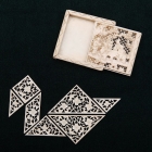 鏤空雕象牙七巧板及盒子<br/ ><b>Tangram puzzle <i>(qiqiao ban)</i></b><br />Carved ivory pieces in box<br />Canton; Qing dynasty, 19th c.<br />5.8 x 5.8 x 1.3 cm<br /><em>Yi Zhi Tang</em> Collection 25-001