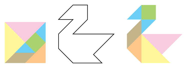 seven tangram pieces arranged to form a duck